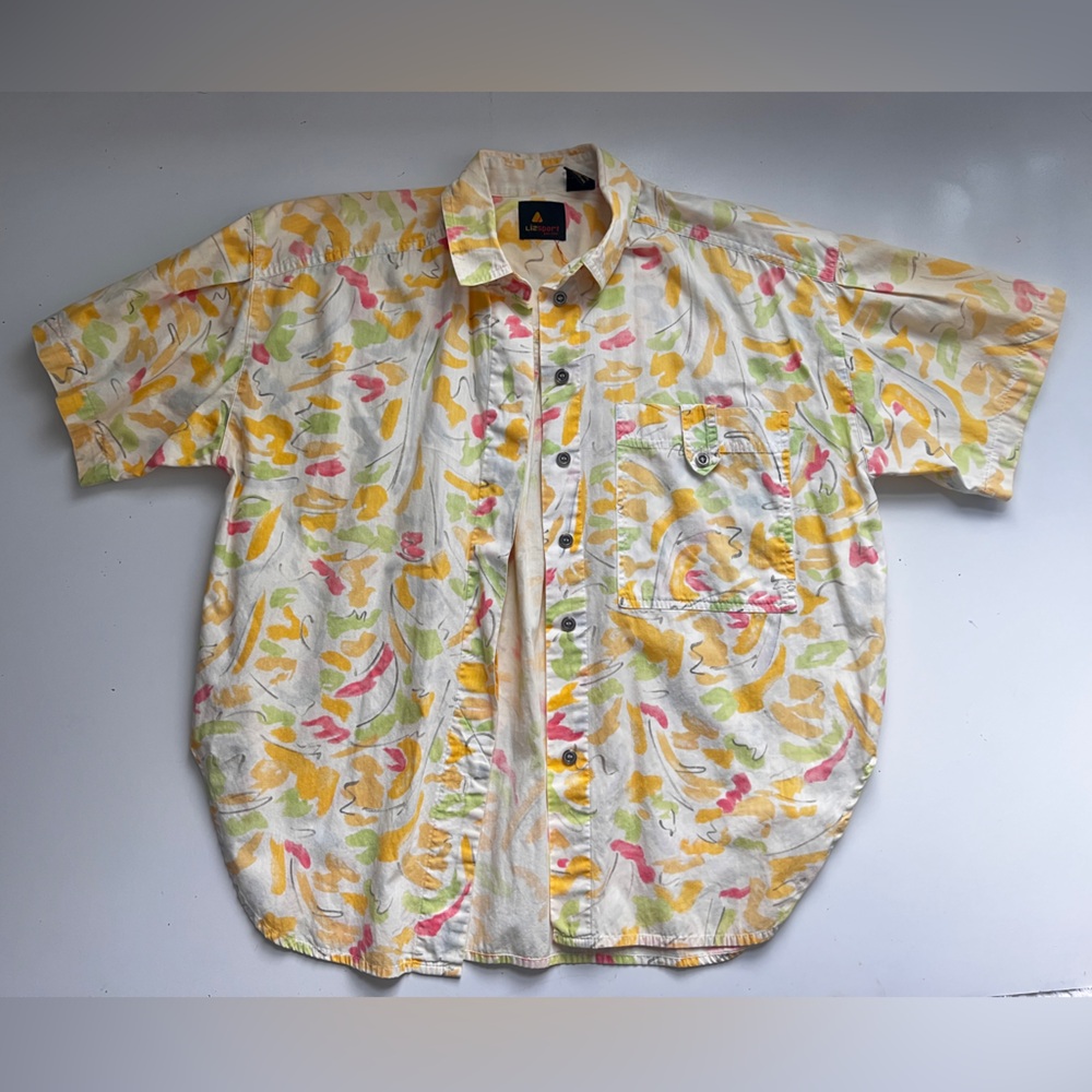 Lightweight 80s bold print 100% cotto Short-Sleeve Button-Up Shirt - Yellow/Pink